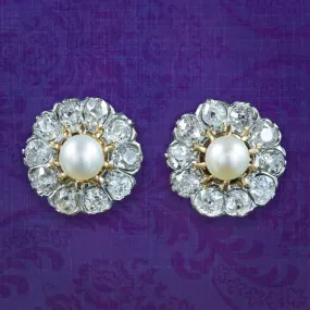 Antique Edwardian Flower Pearl and Diamond Stud Earrings with 2ct Of Diamond