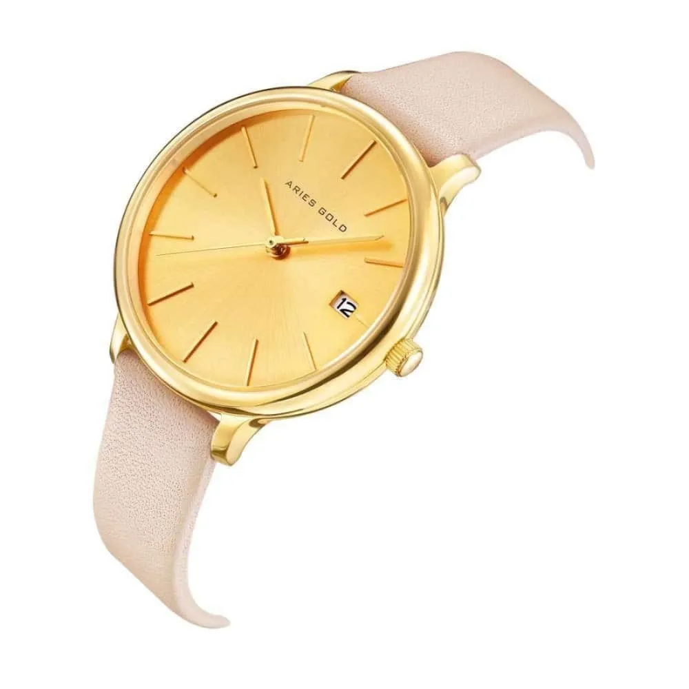 ARIES GOLD ENCHANT FLEUR GOLD STAINLESS STEEL L 5035 G-G LEATHER STRAP WOMEN'S WATCH