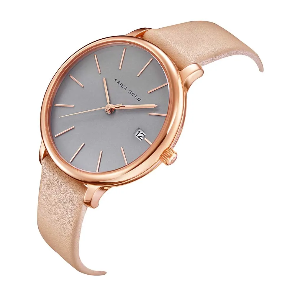 ARIES GOLD ENCHANT FLEUR ROSE GOLD STAINLESS STEEL L 5035 RG-GY LEATHER STRAP WOMEN'S WATCH