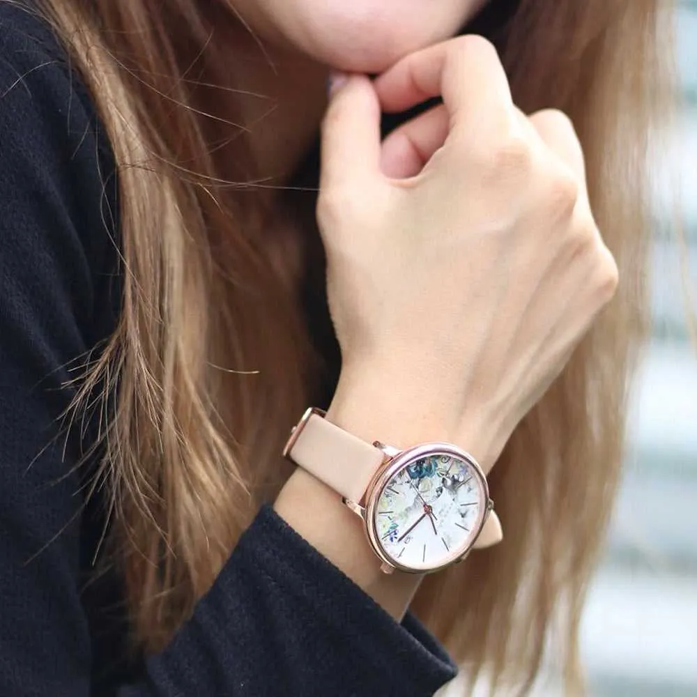 ARIES GOLD ENCHANT FLEUR ROSE GOLD STAINLESS STEEL L 5035 RG-GYFL LEATHER STRAP WOMEN'S WATCH