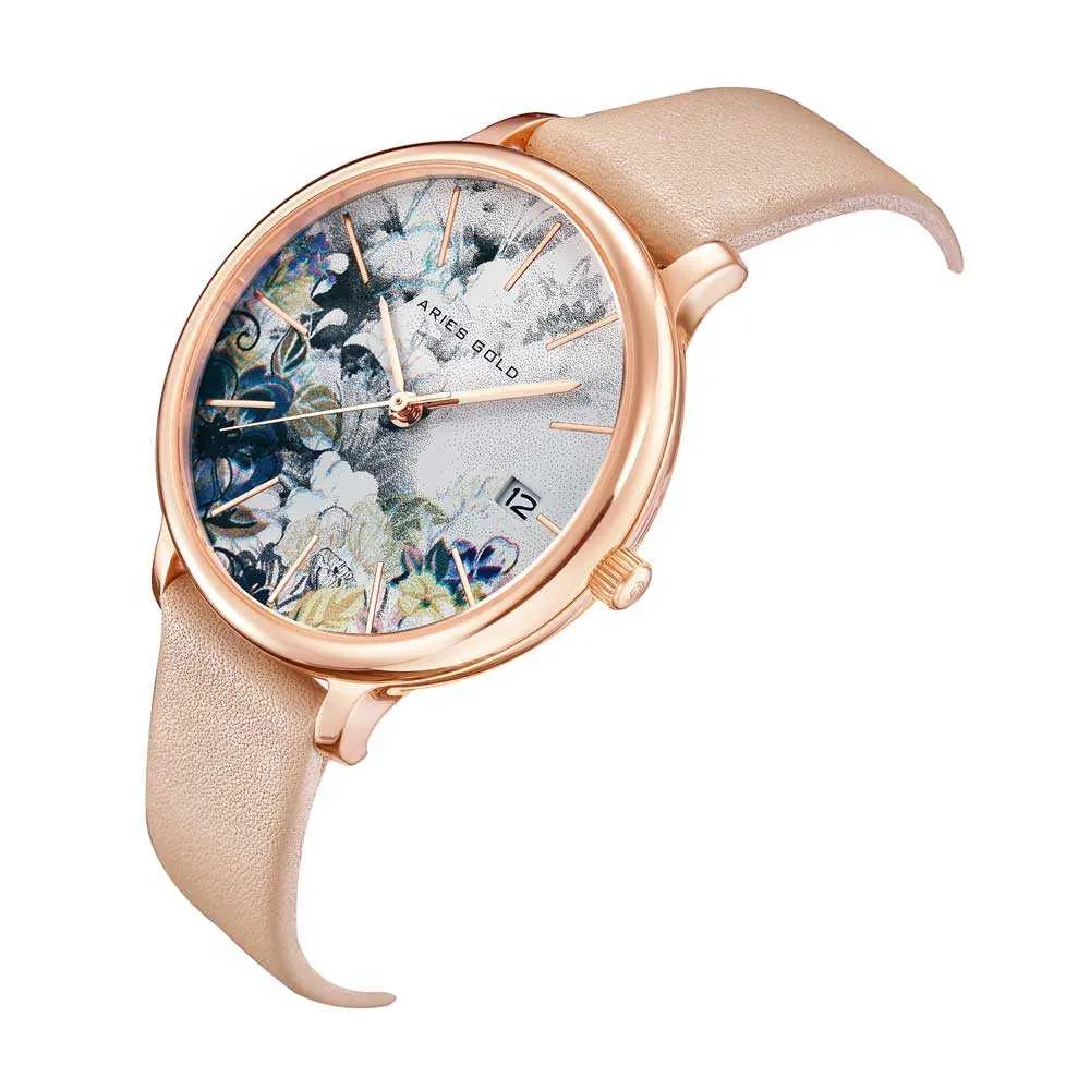 ARIES GOLD ENCHANT FLEUR ROSE GOLD STAINLESS STEEL L 5035 RG-GYFL LEATHER STRAP WOMEN'S WATCH