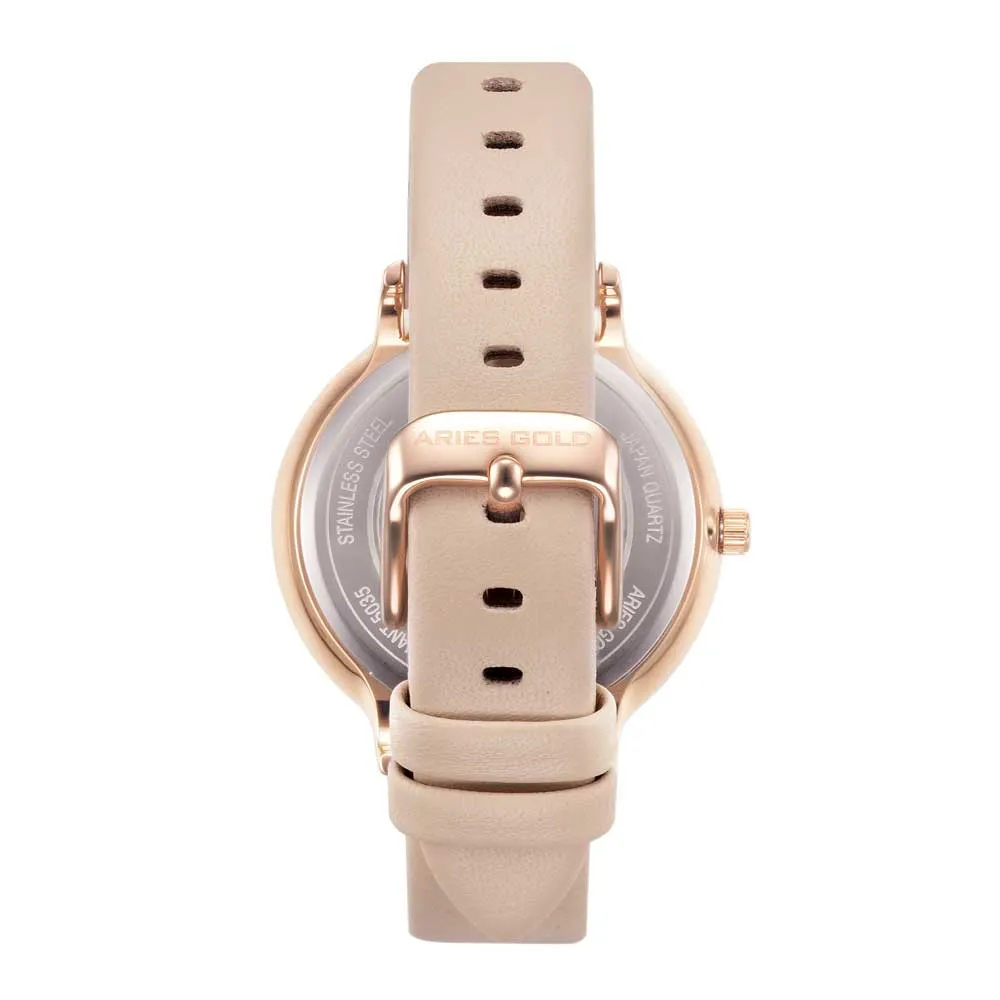 ARIES GOLD ENCHANT FLEUR ROSE GOLD STAINLESS STEEL L 5035 RG-PKFL LEATHER STRAP WOMEN'S WATCH