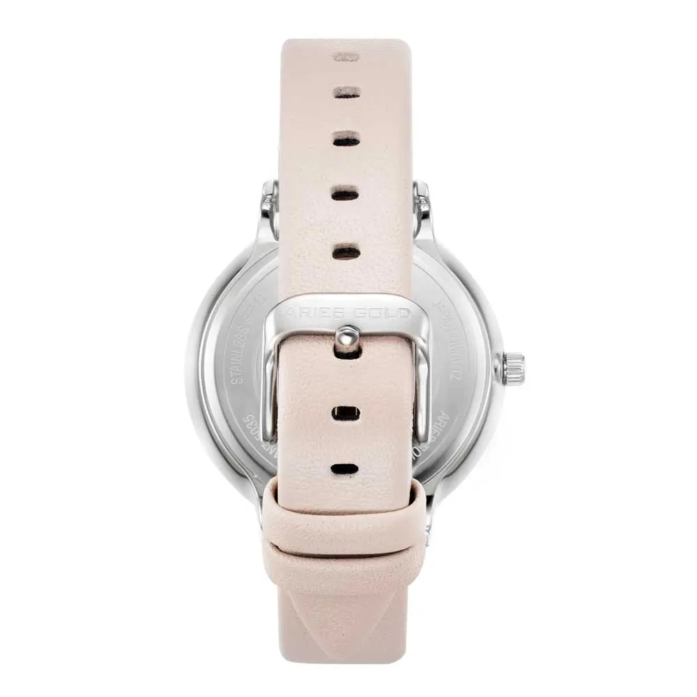 ARIES GOLD ENCHANT FLEUR SILVER STAINLESS STEEL L 5035 S-MP LEATHER STRAP WOMEN'S WATCH