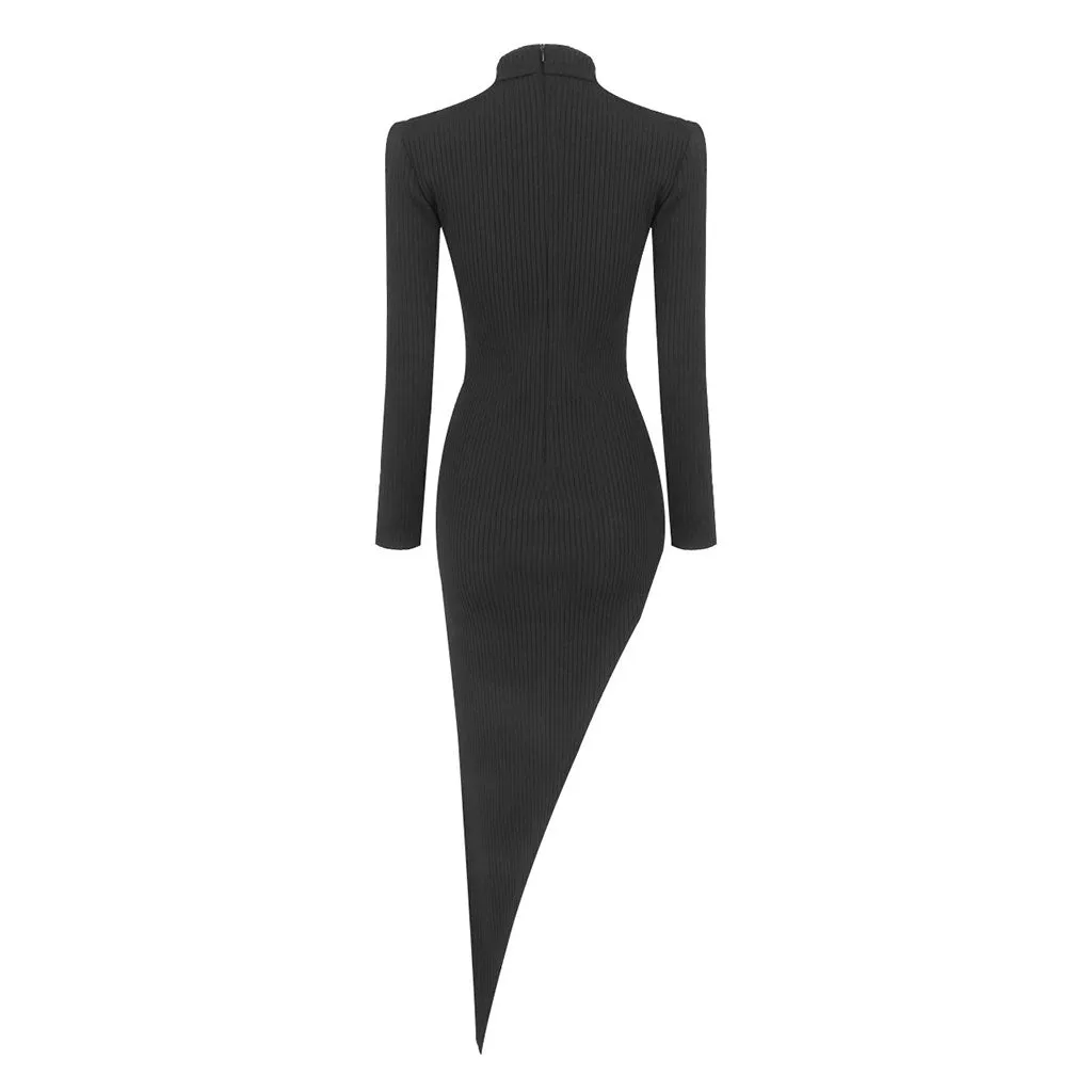 Asymmetrical High Neck Long Sleeve Chunky Knit Bandage Crystal Cutout Dress