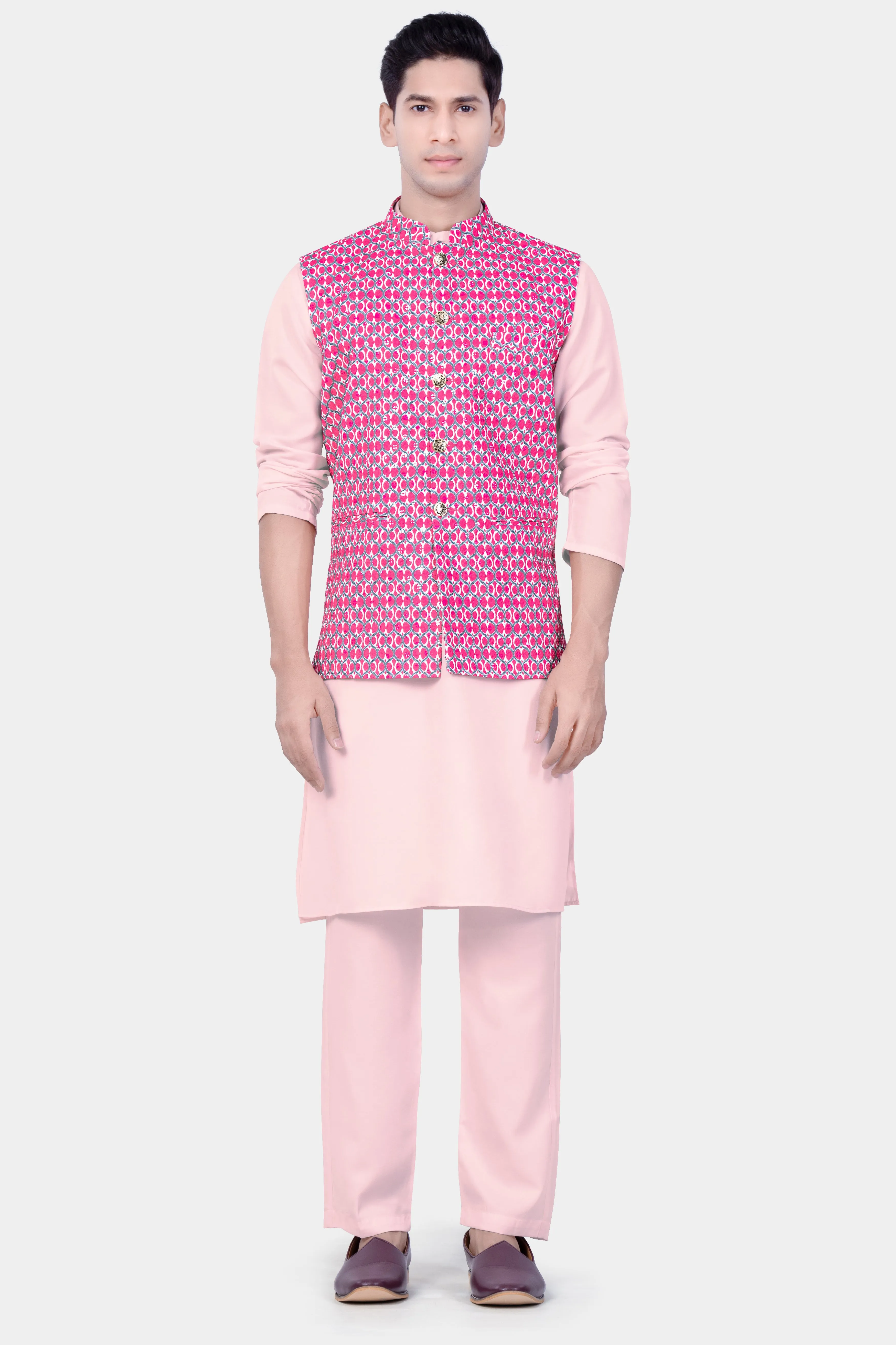 Beauty Bush Pink Kurta Set With French Rose Pink And Bright White Designer Embroidered Nehru Jacket