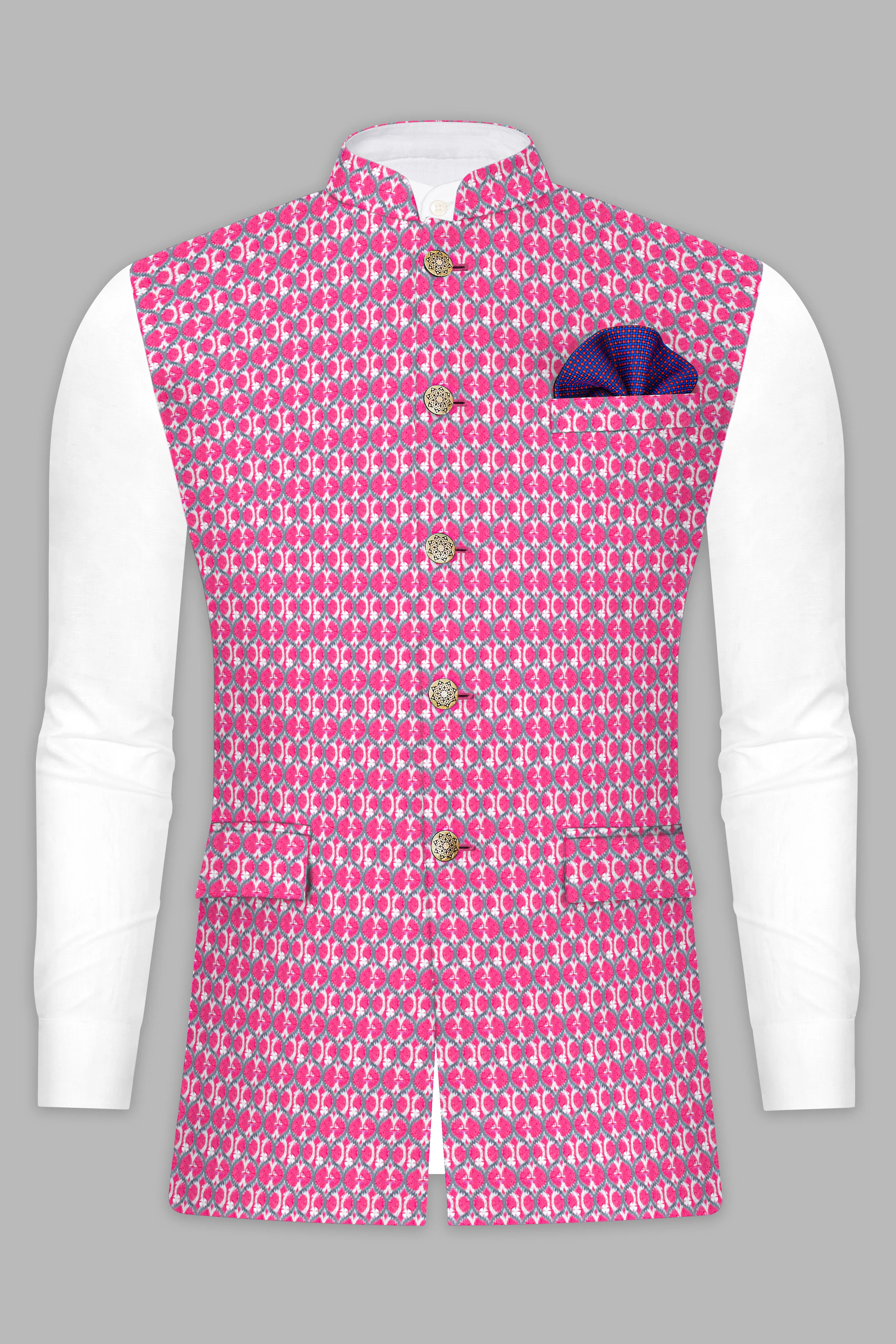 Beauty Bush Pink Kurta Set With French Rose Pink And Bright White Designer Embroidered Nehru Jacket