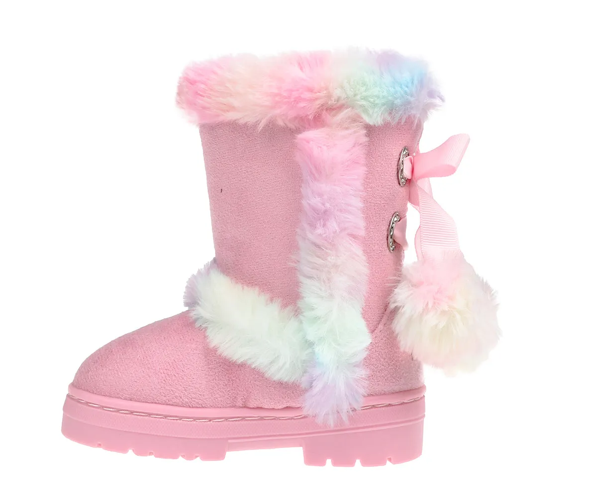 bebe Girls Big Kid Mid Calf Easy Pull-On Microsuede Winter Boots Embellished With Fur Trim And Rhinestone Eyelet