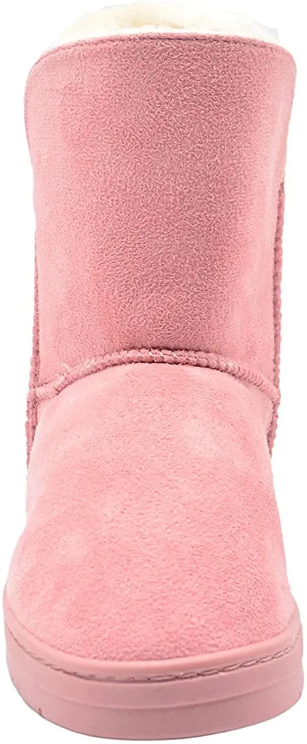 bebe Girls Big Kid Mid Calf Easy Pull-On Suede Winter Boots Embellished with Fur Cuff and Back Bow