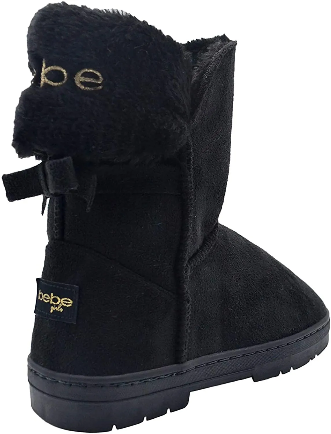 bebe Girls Big Kid Mid Calf Easy Pull-On Suede Winter Boots Embellished with Fur Cuff and Back Bow