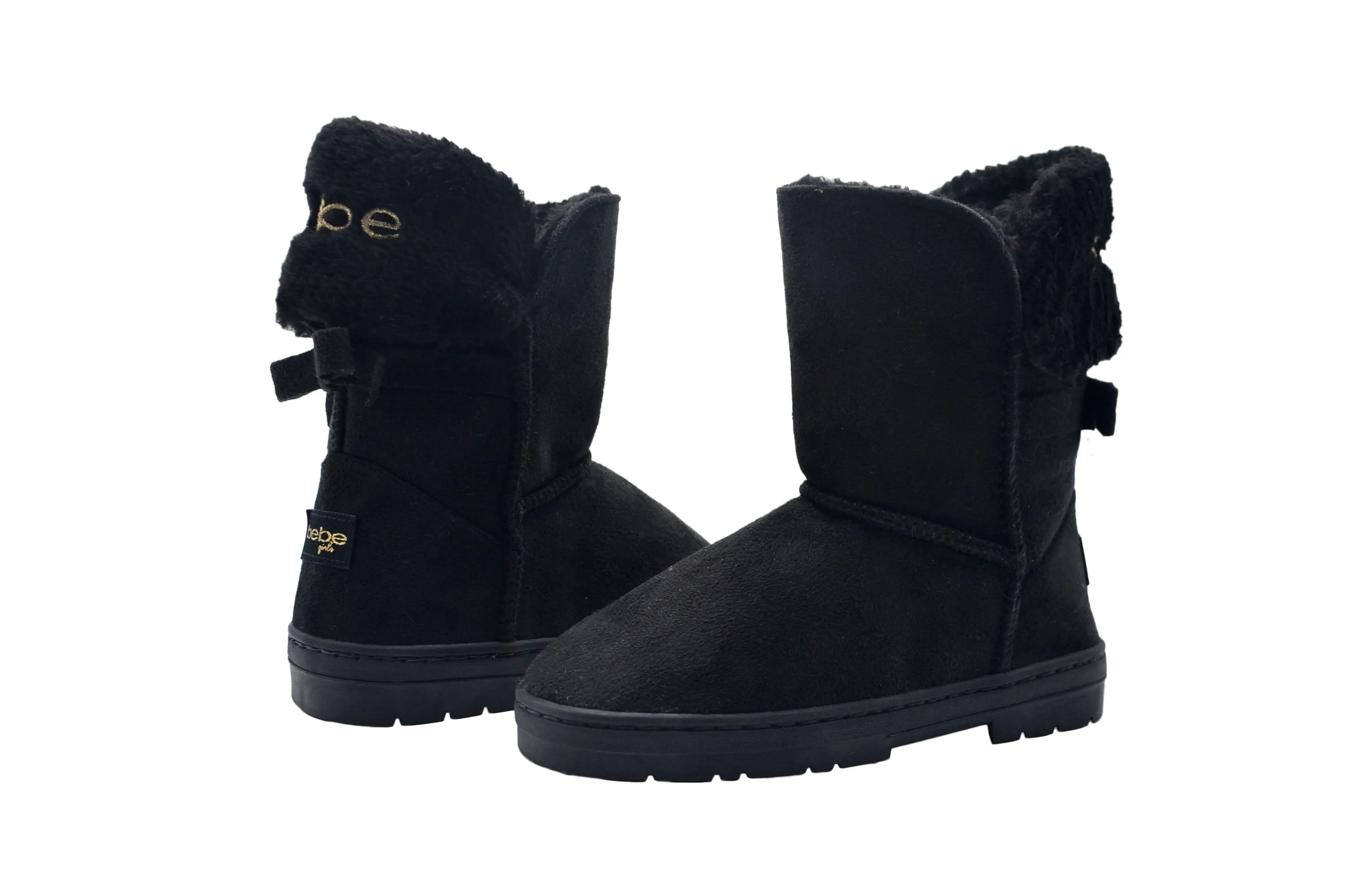 bebe Girls Big Kid Mid Calf Easy Pull-On Suede Winter Boots Embellished with Fur Cuff and Back Bow