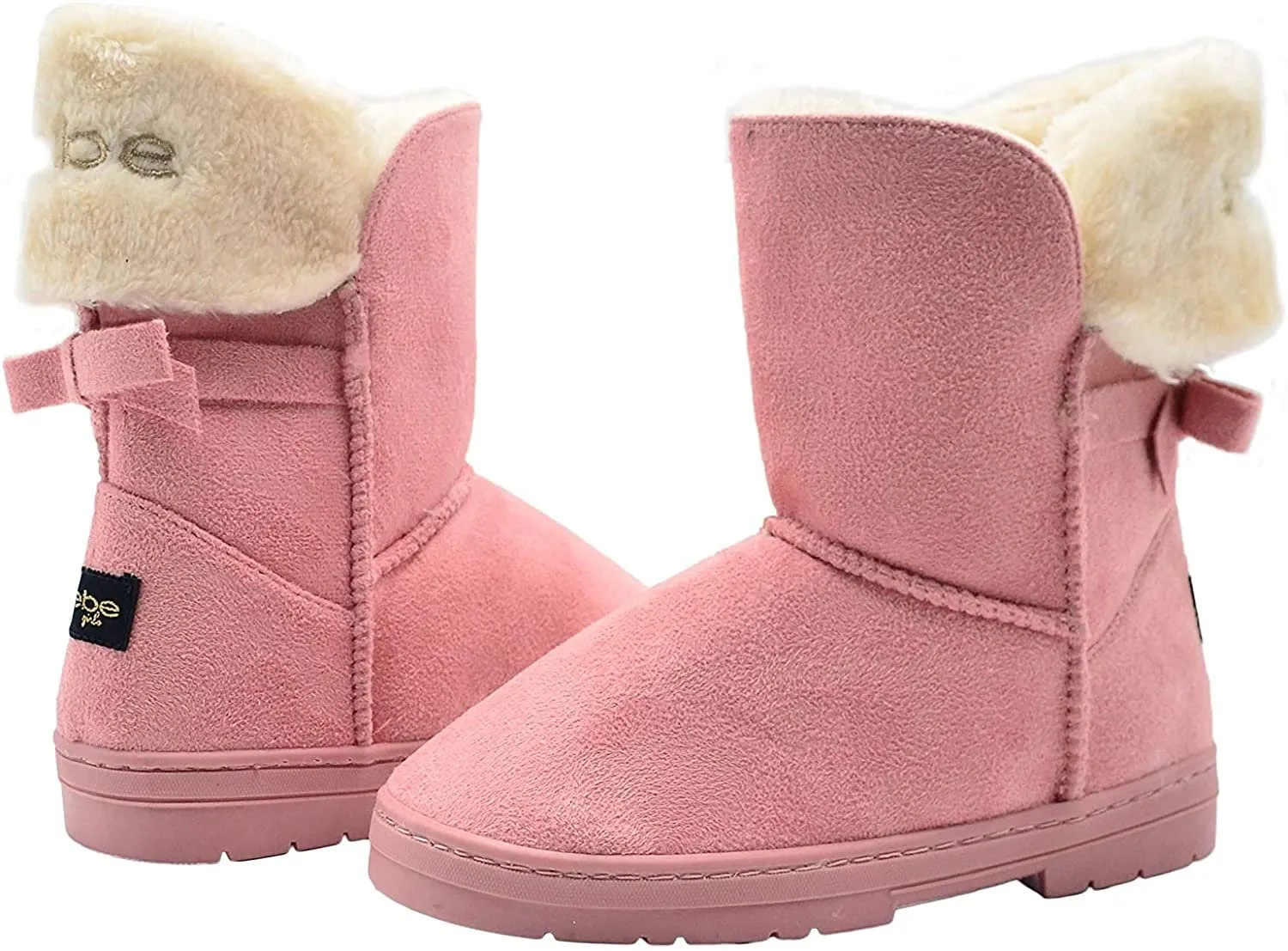 bebe Girls Big Kid Mid Calf Easy Pull-On Suede Winter Boots Embellished with Fur Cuff and Back Bow