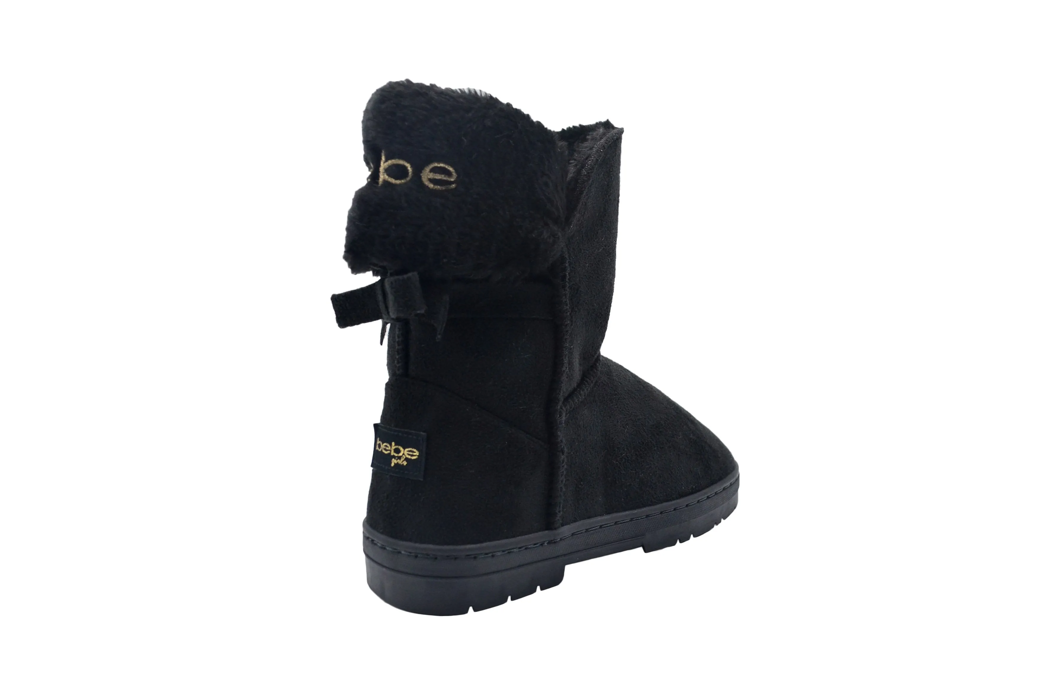 bebe Girls Big Kid Mid Calf Easy Pull-On Suede Winter Boots Embellished with Fur Cuff and Back Bow