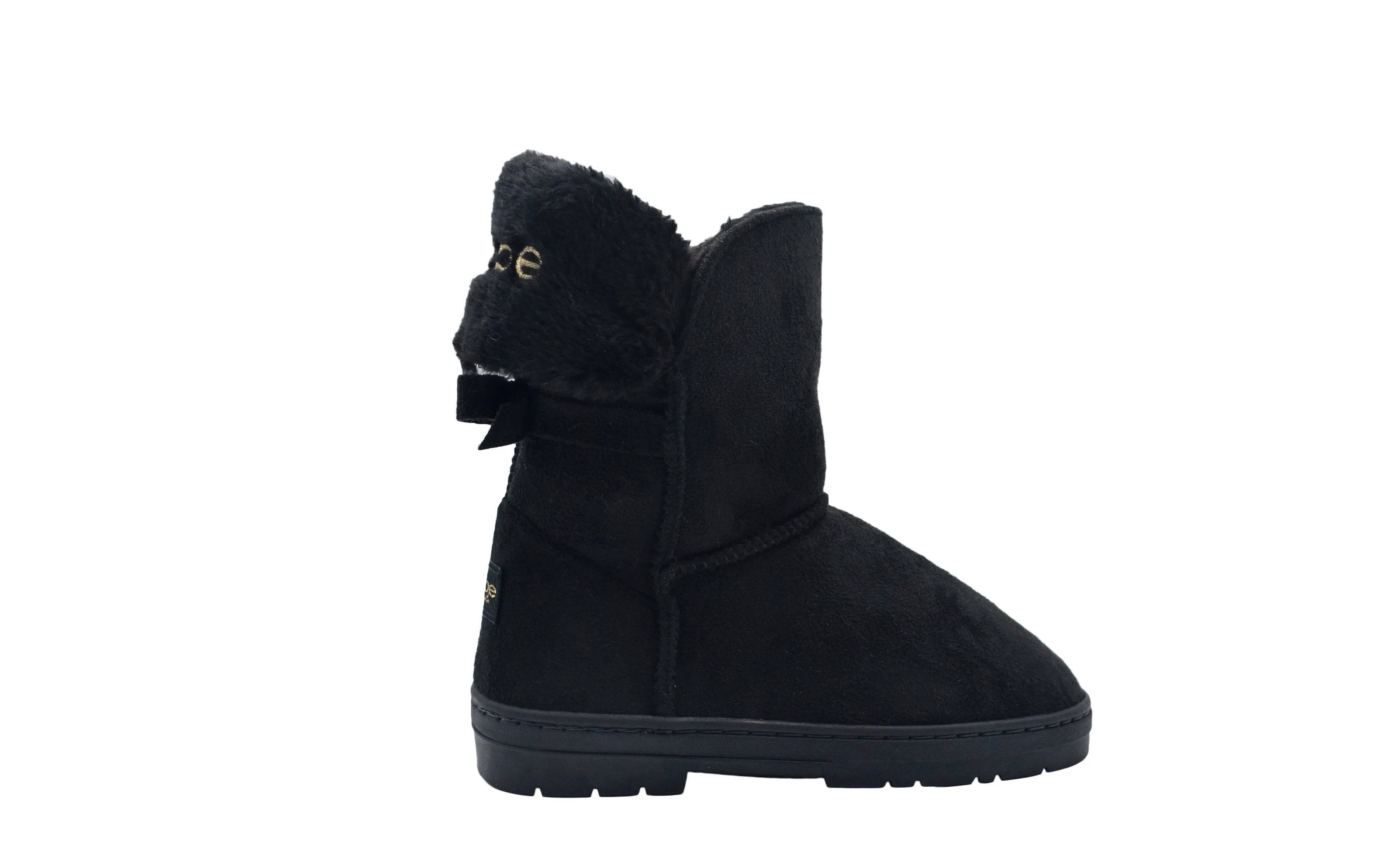 bebe Girls Big Kid Mid Calf Easy Pull-On Suede Winter Boots Embellished with Fur Cuff and Back Bow