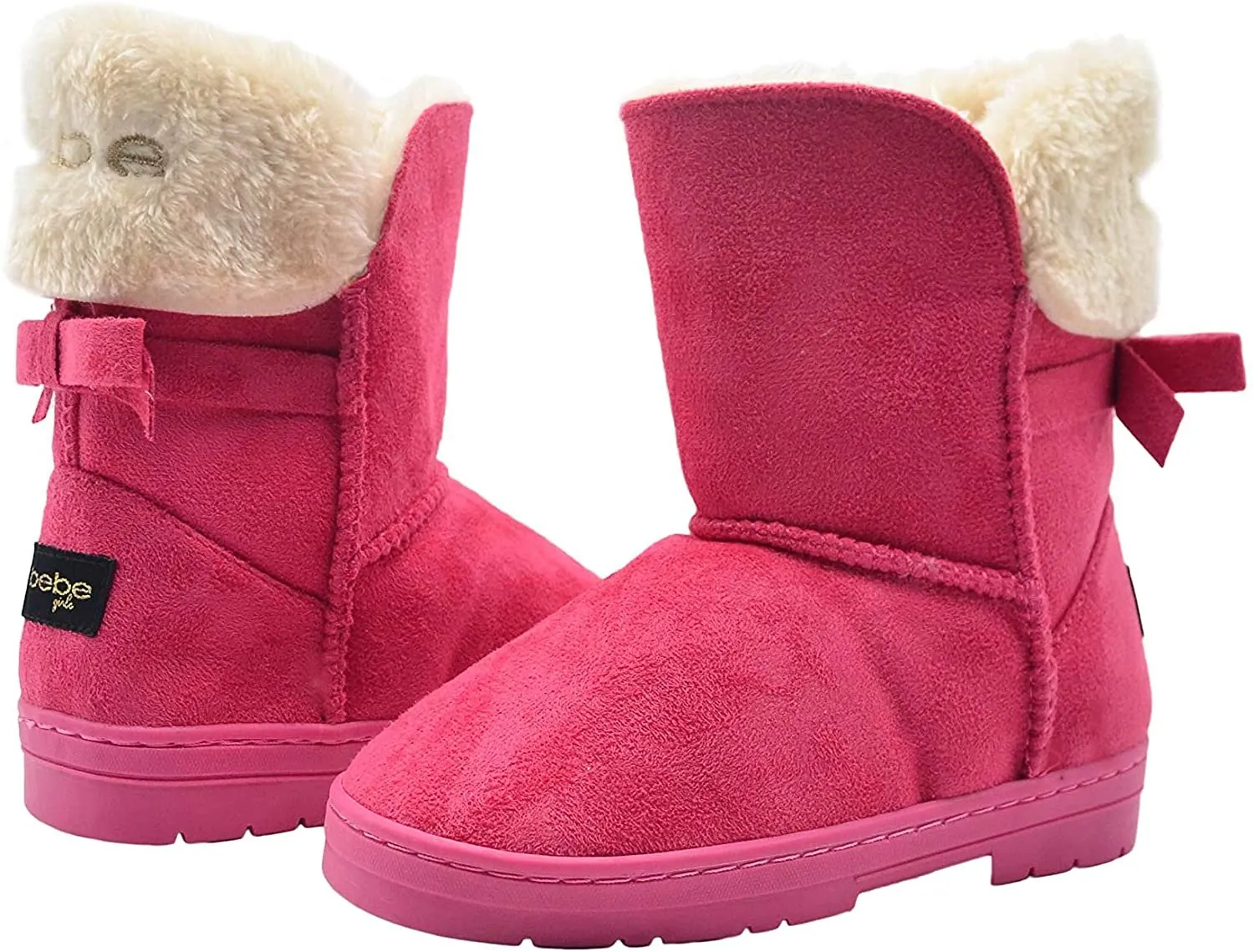 bebe Girls Big Kid Mid Calf Easy Pull-On Suede Winter Boots Embellished with Fur Cuff and Back Bow