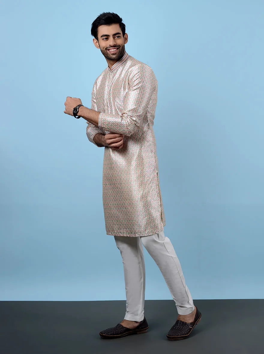 Beige & Pink Blue Kurta Pajama | TULA