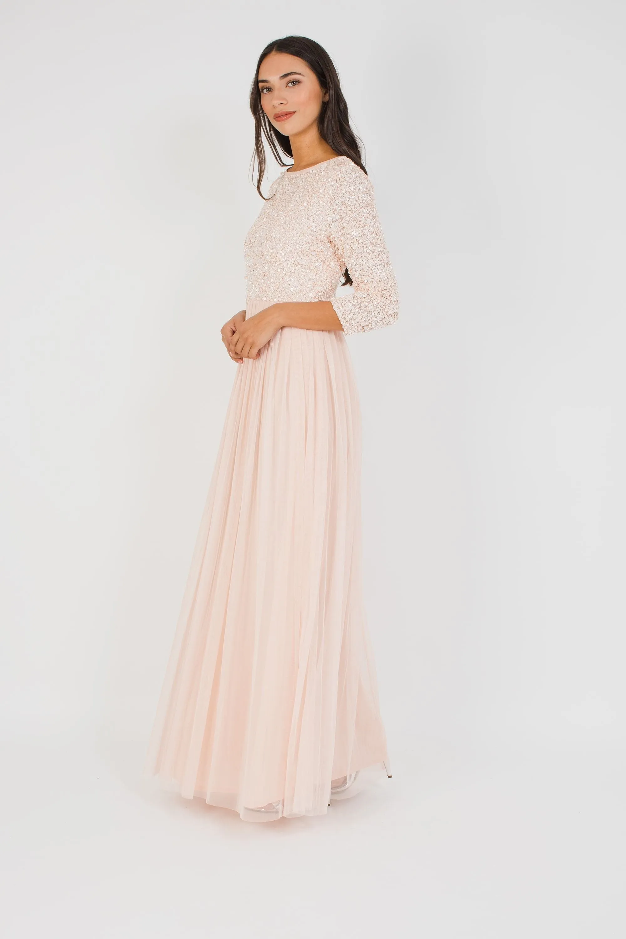 Belle Picasso Long Sleeve Bridesmaid Maxi in Nude