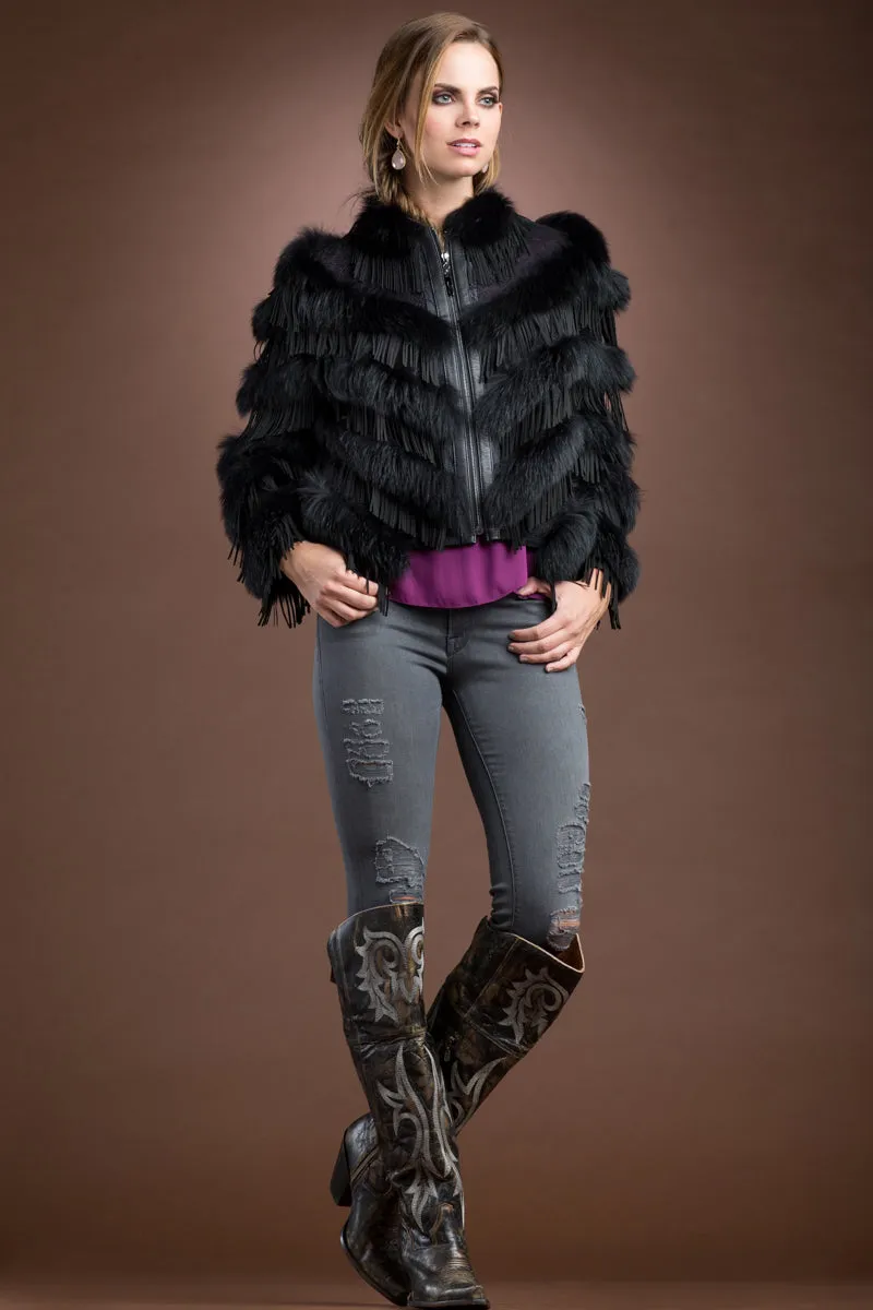 Black Fox and Suede Fringe Lace Fur Jacket