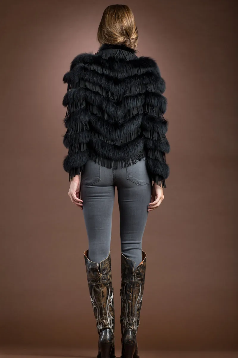 Black Fox and Suede Fringe Lace Fur Jacket