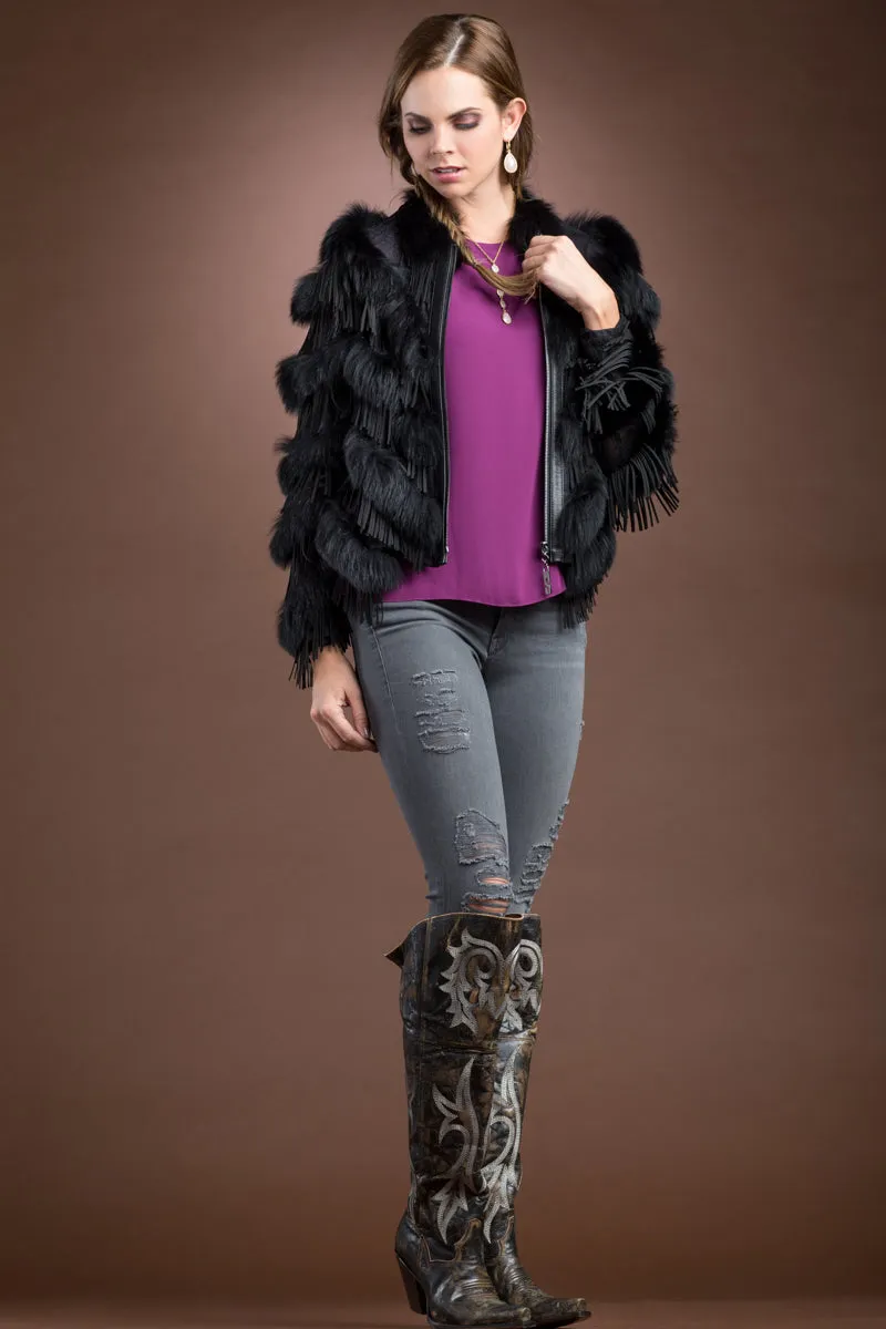 Black Fox and Suede Fringe Lace Fur Jacket