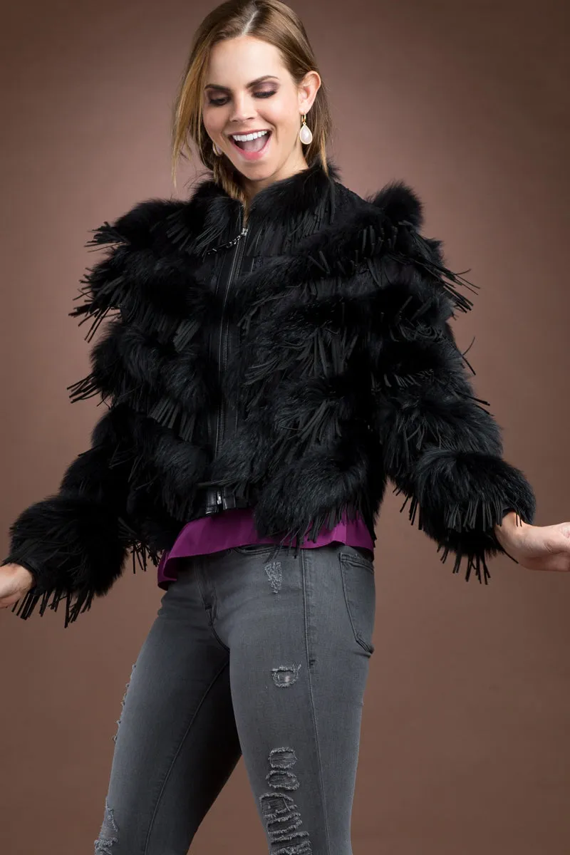 Black Fox and Suede Fringe Lace Fur Jacket