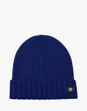 Blue Ribbed Wool Beanie Hat