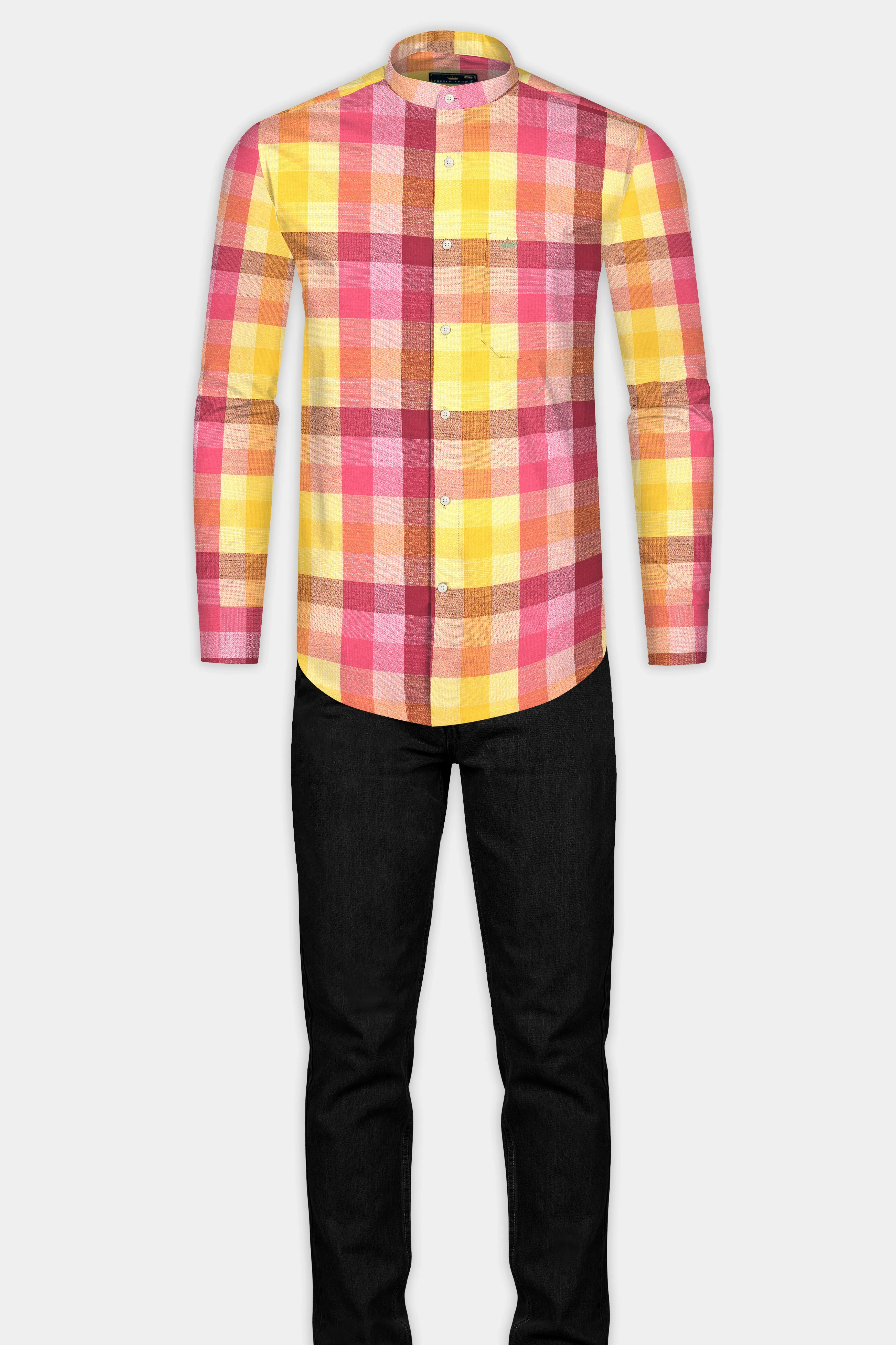 Bright Sun Yellow with Stiletto Red Twill Plaid Premium Cotton Shirt