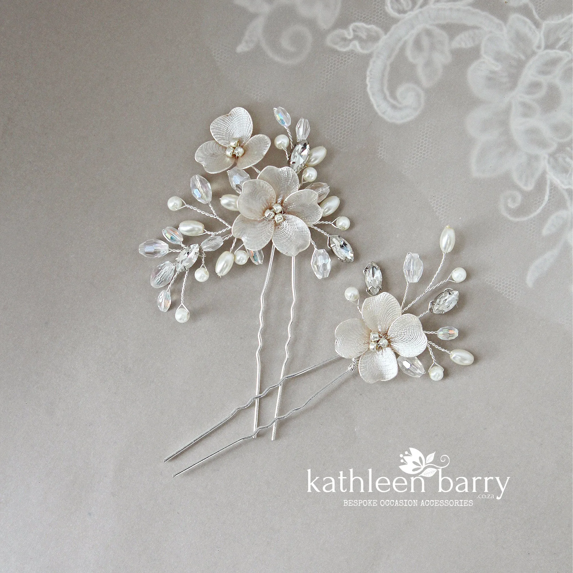 Cecile floral hair pins sold as a pair or individually, rhinestone crystal & pearl  - Ass Color options to order