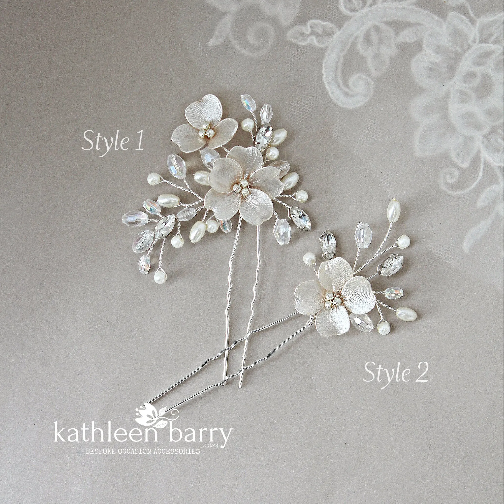 Cecile floral hair pins sold as a pair or individually, rhinestone crystal & pearl  - Ass Color options to order