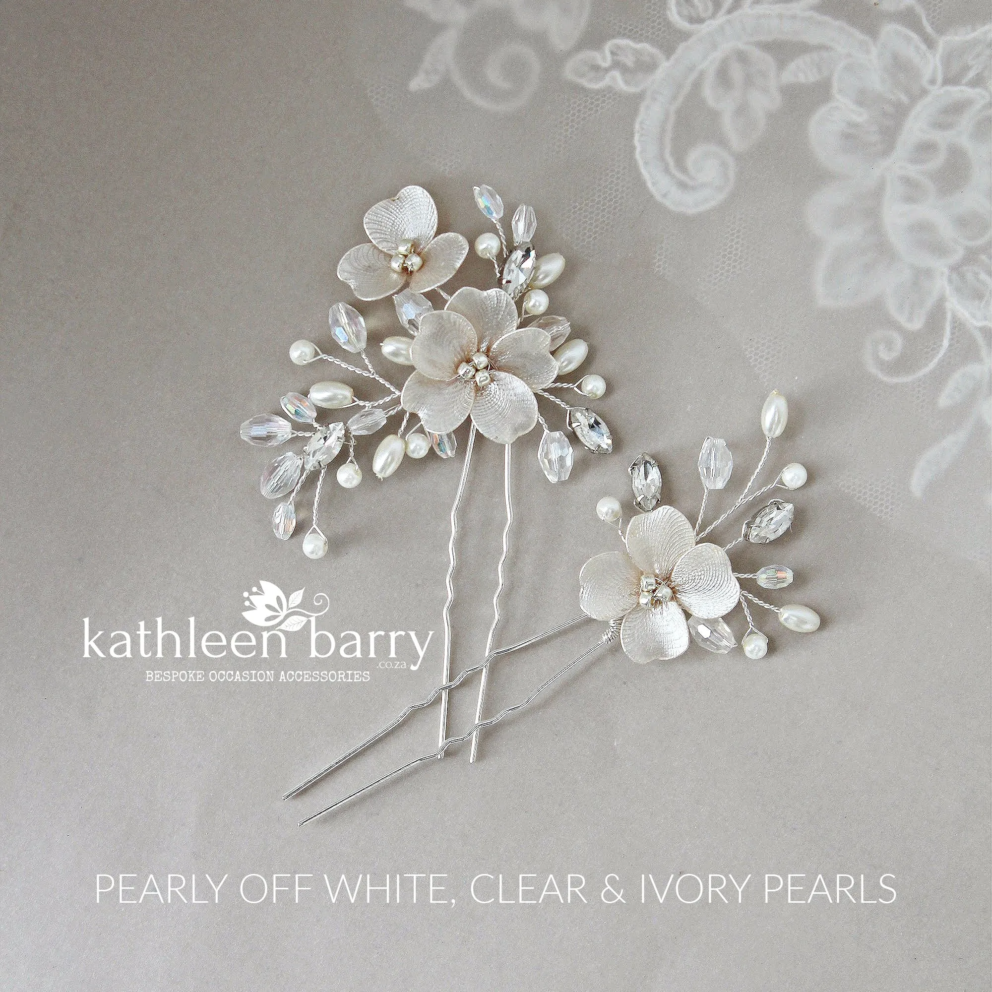 Cecile floral hair pins sold as a pair or individually, rhinestone crystal & pearl  - Ass Color options to order