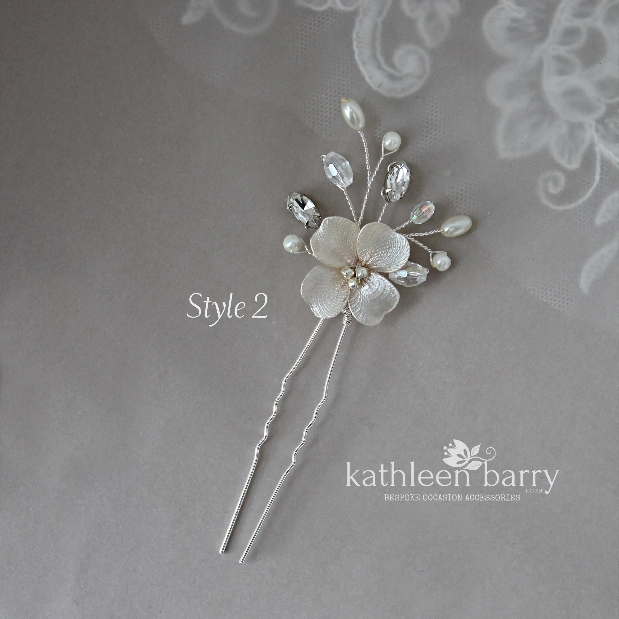 Cecile floral hair pins sold as a pair or individually, rhinestone crystal & pearl  - Ass Color options to order