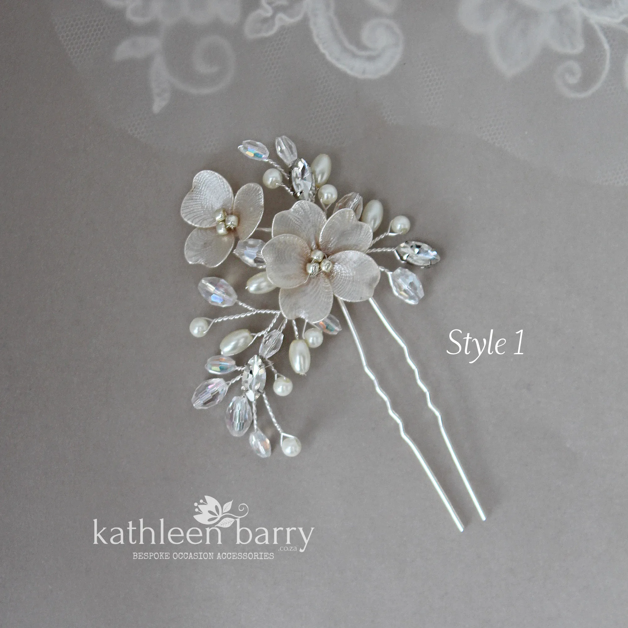 Cecile floral hair pins sold as a pair or individually, rhinestone crystal & pearl  - Ass Color options to order