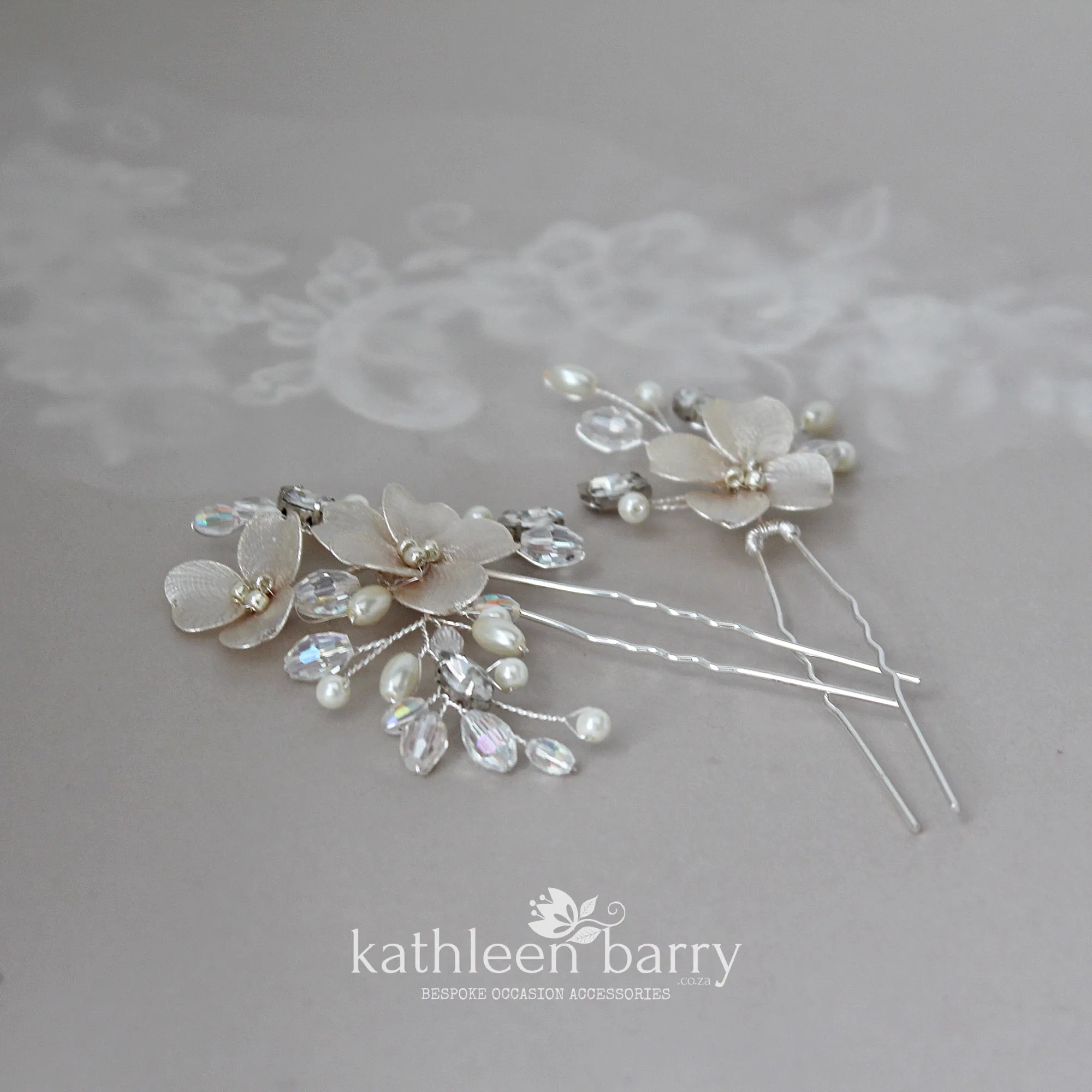 Cecile floral hair pins sold as a pair or individually, rhinestone crystal & pearl  - Ass Color options to order