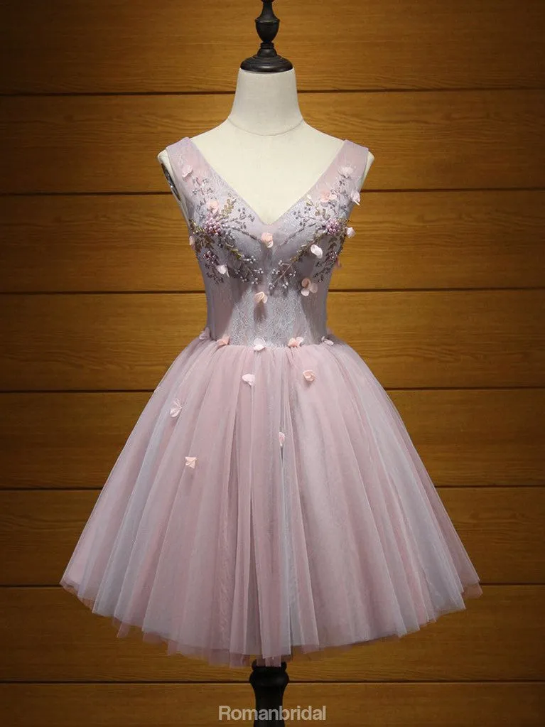 Charming V-neck short mini prom dress, Seam beads applique party dresses, Back strap homecoming Dresses,HD0328