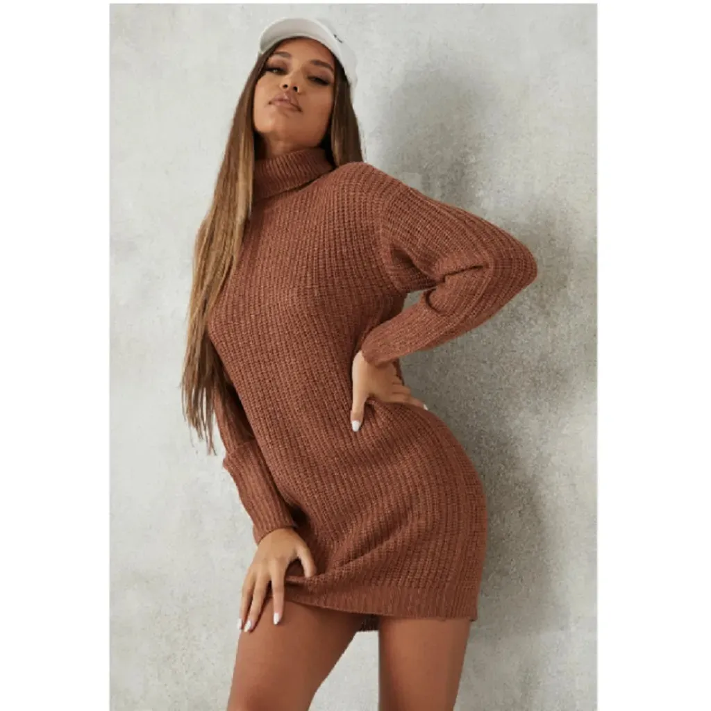 Chocolate Brown Roll Neck Knitted Jumper Dress