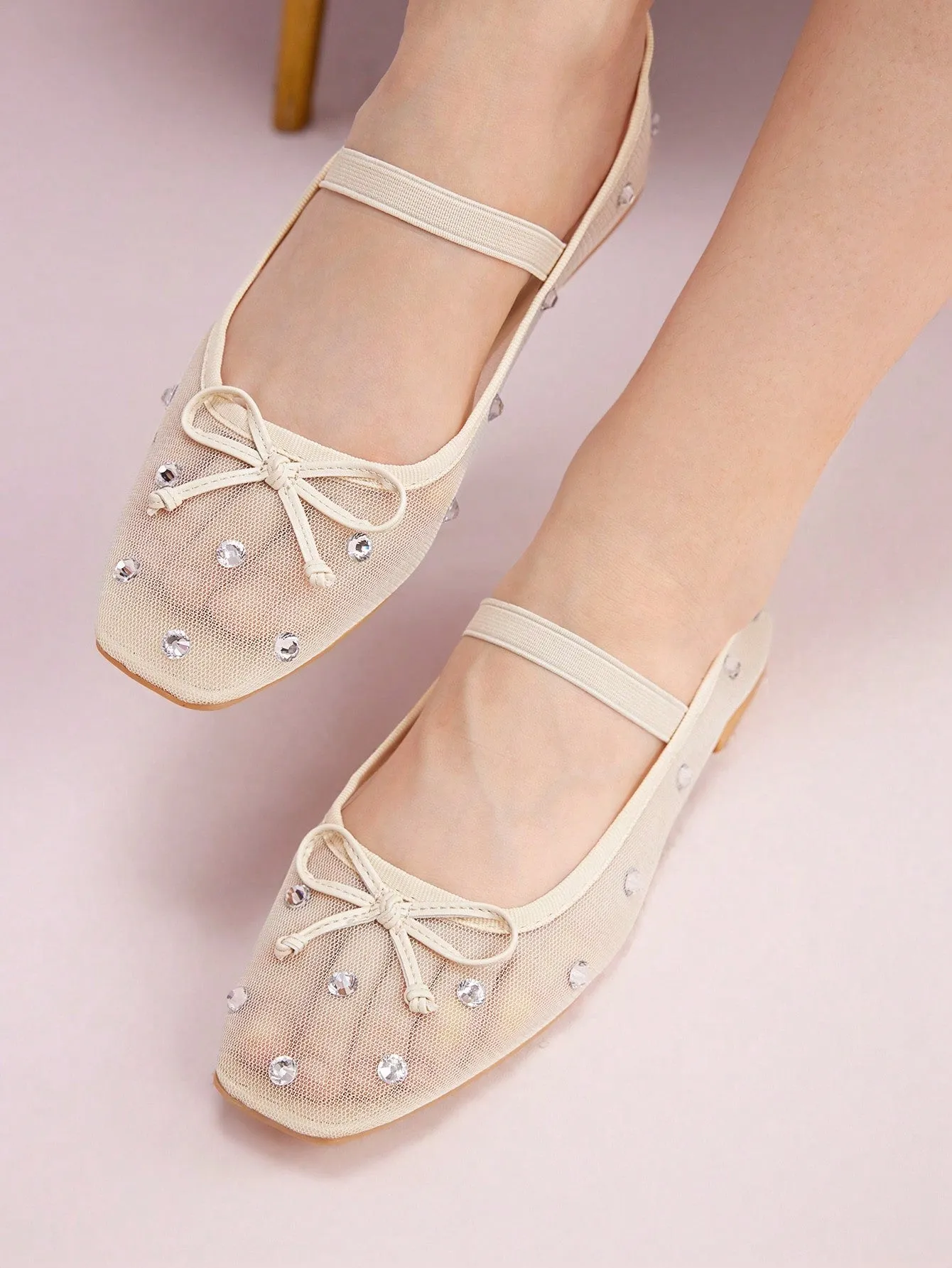 CUCCOO DOLLMOD Fashionable Woman Shoes Beige Mesh & Rhinestone Ballet Flats With Bow Knot Detail For Summer Vacation Shoes Summer Sale Elegant Flats