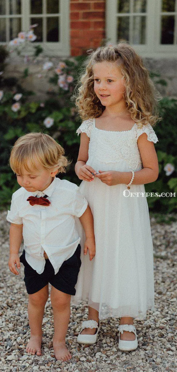 Cute Bateau Cap Sleeves tulle A-line Long Cheap Charming Flower Girl Dresses, FGS0015