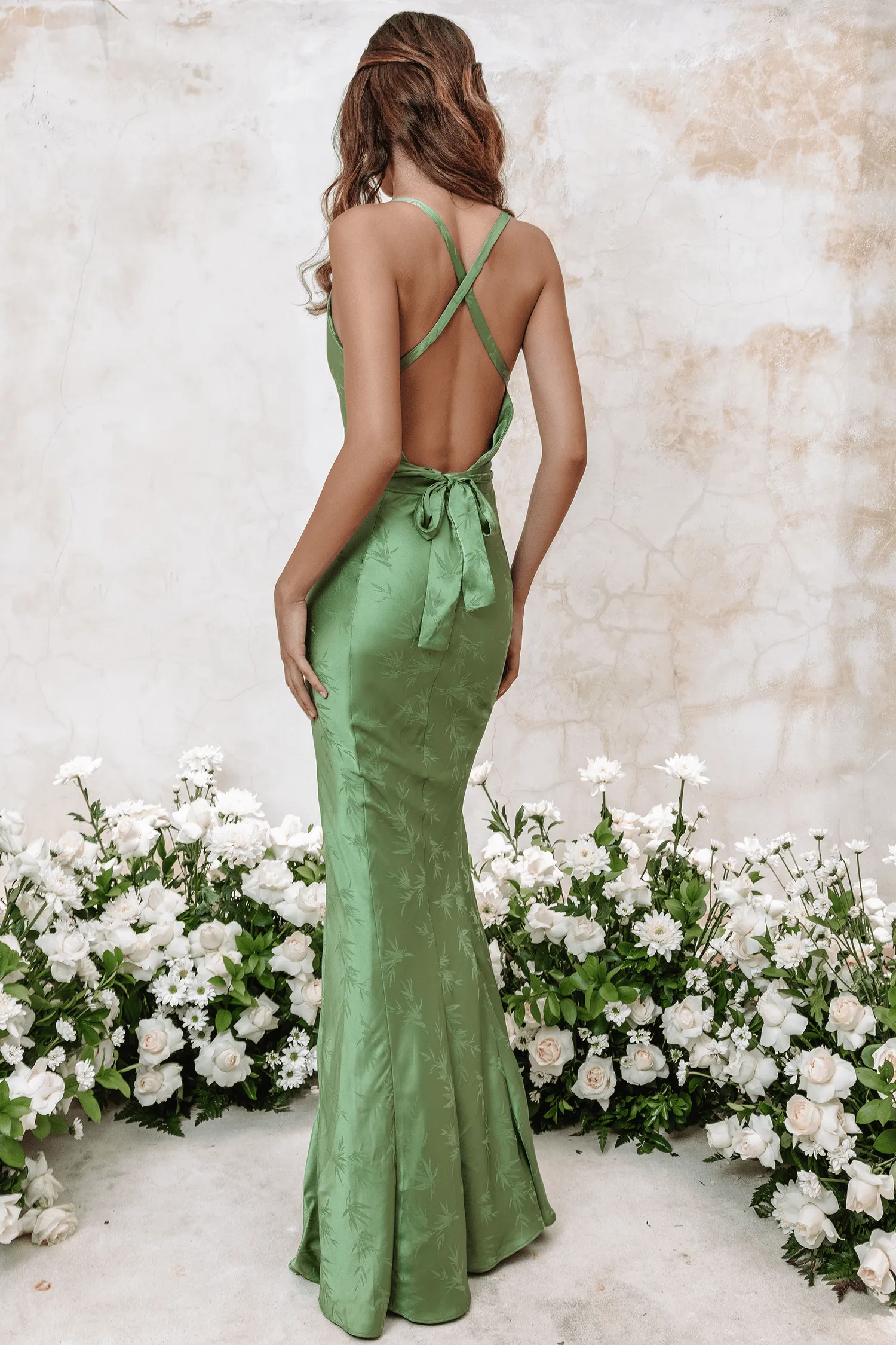 DANIELLA Satin Jaquard Cowl Neck Maxi Dress In Green