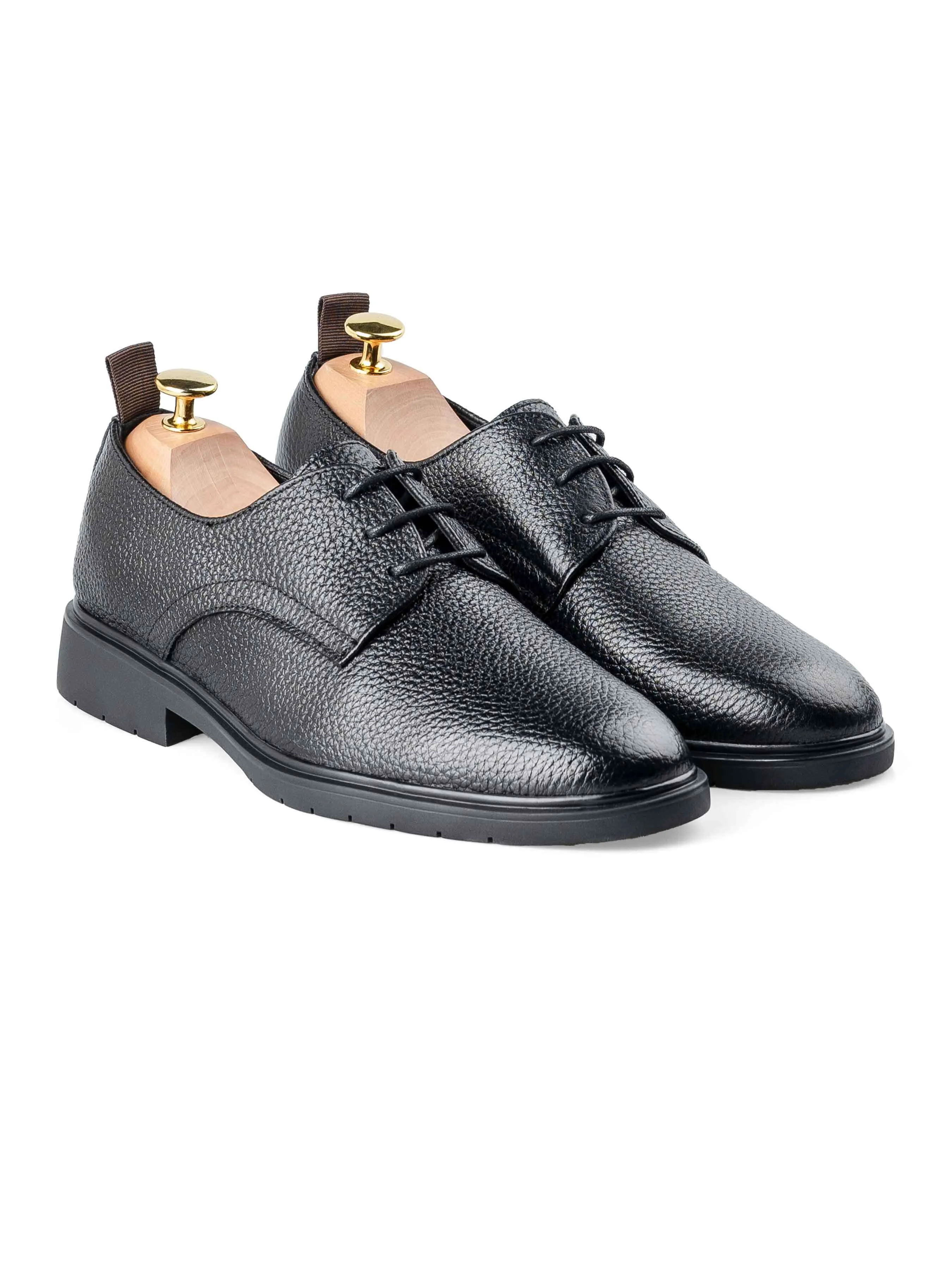 Derby Lace Up - Black Pebble Grain Leather (Rugged Sole)