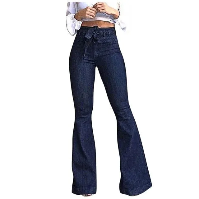 DressBetty - Women's Jeans Patch Pockets Thin Wide-Leg Flared Pants Fashion Lady High Waisted Lacing Stretch Jeans Bell-bottomed Pants