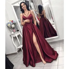 Elegant Burgundy Spaghetti Straps Front Split Prom Dresses, PD0687