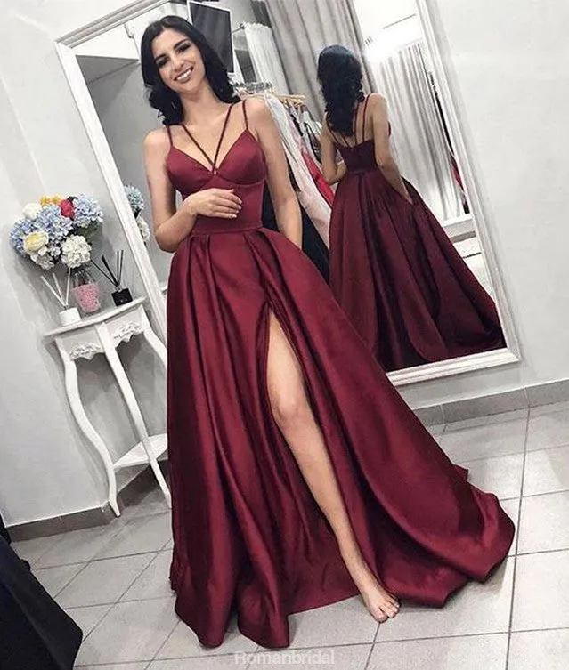 Elegant Burgundy Spaghetti Straps Front Split Prom Dresses, PD0687