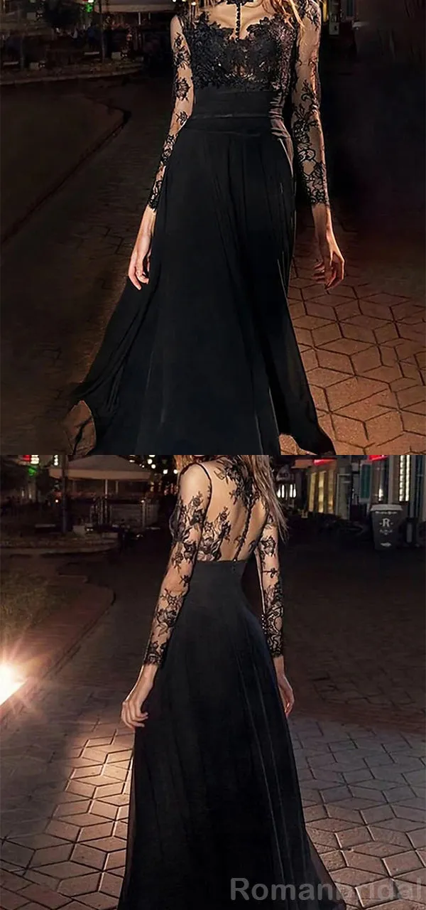 Elegant Long Sleeves High Neck A-line Applique Lace Black Evening Prom Dress Online, OL082