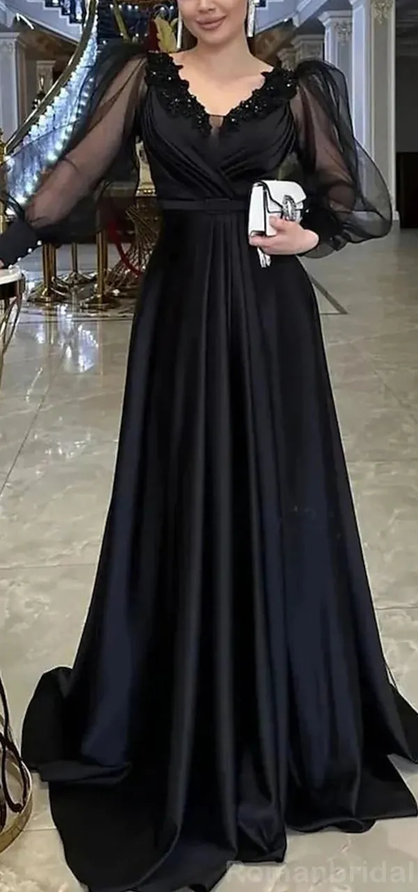 Elegant Long Sleeves V-neck Black Tulle A-line Evening Prom Dress Online, OL195