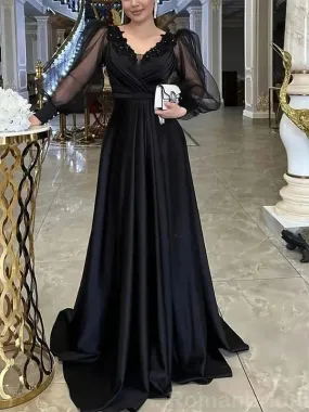 Elegant Long Sleeves V-neck Black Tulle A-line Evening Prom Dress Online, OL195