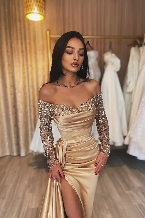 Elegant Mermaid Long Sleeves Sequins Long Champagne Prom Dresses with Side Slit, OL712