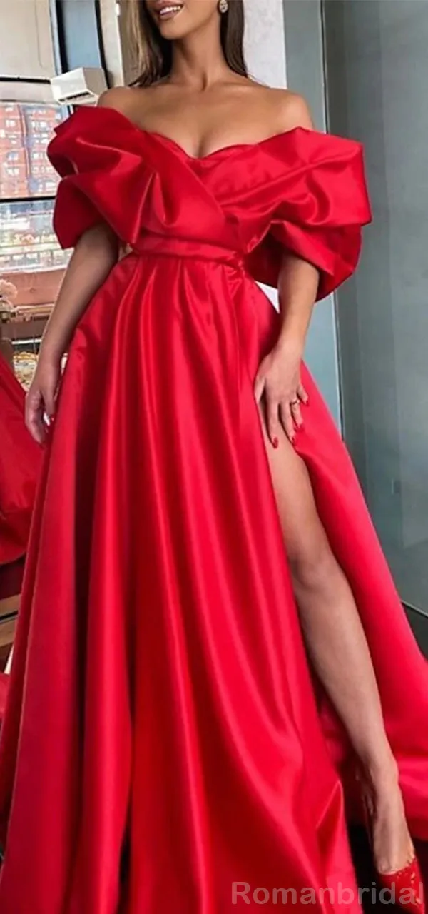 Elegant Off the Shoulder A-line Side Slit Red Satin Long Evening Prom Dress Online, OL222