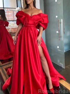 Elegant Off the Shoulder A-line Side Slit Red Satin Long Evening Prom Dress Online, OL222