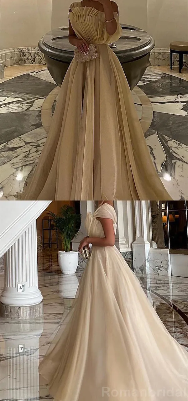 Elegant One Shoulder A-line Champagne Long Evening Prom Dress for Women, OL065