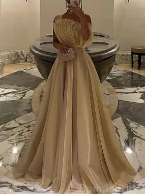 Elegant One Shoulder A-line Champagne Long Evening Prom Dress for Women, OL065