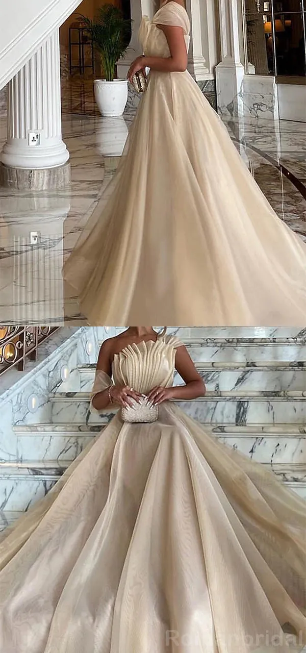 Elegant One Shoulder A-line Champagne Long Evening Prom Dress for Women, OL065